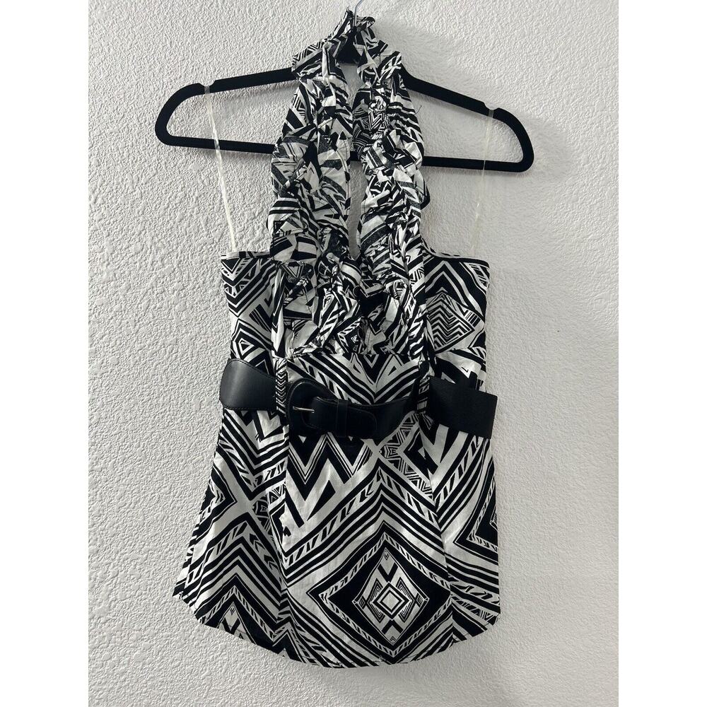 Vintage Y2K Heart Soul Halter Top Size M V-Neck Belted Ruffle Black & White Geo